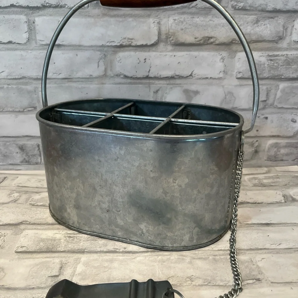 Pottery Barn Silver Metal 6 pack beer Caddy with Handle and bottle opener